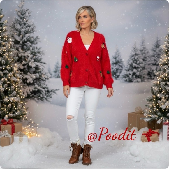 poodit Sweaters - Red Christmas cardigan with stuffed accents sz Medium